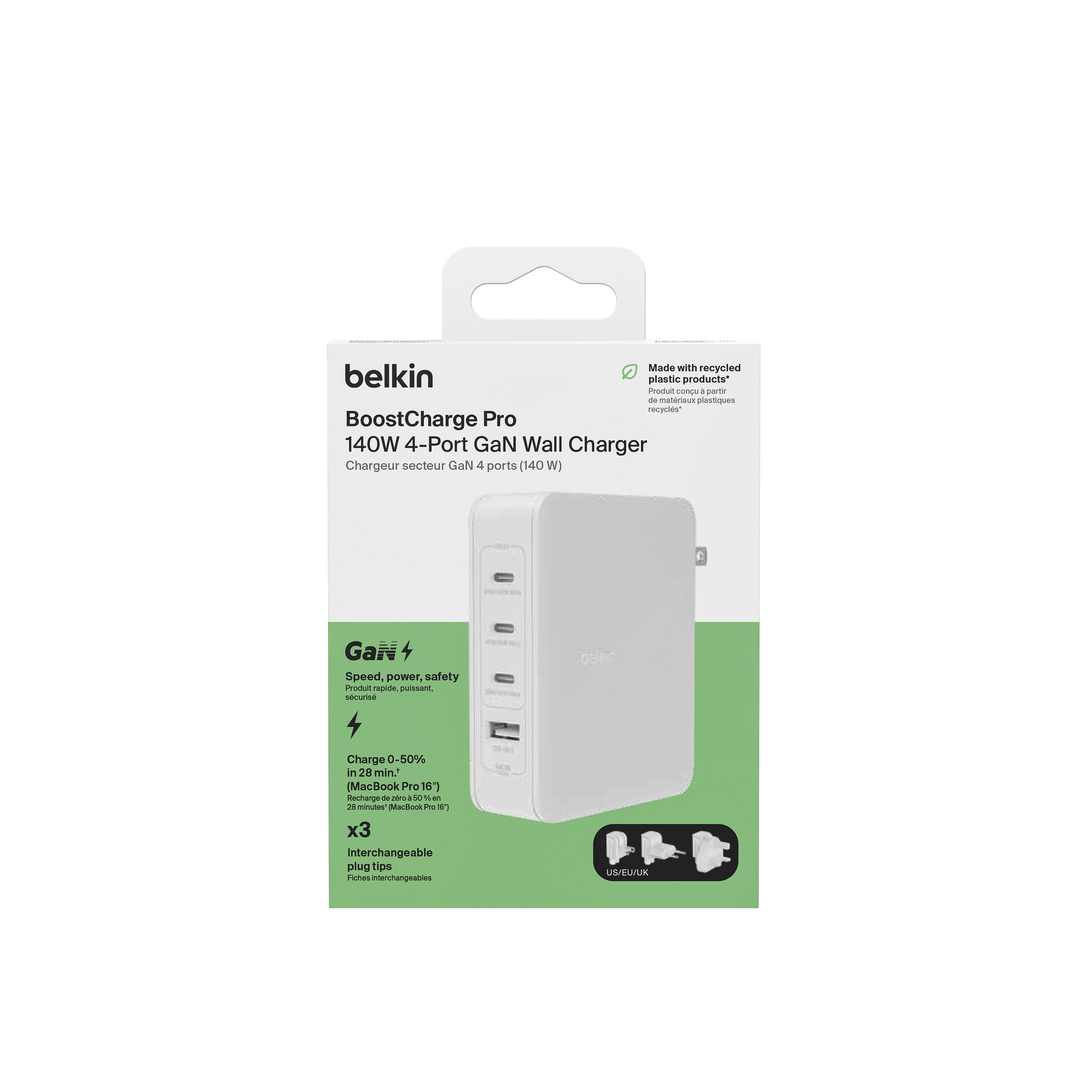 BELKİN 140W 4-PORTS USB GAN WALL CHARGER WITH UK,EU,US PLUG TIPS-WHITE