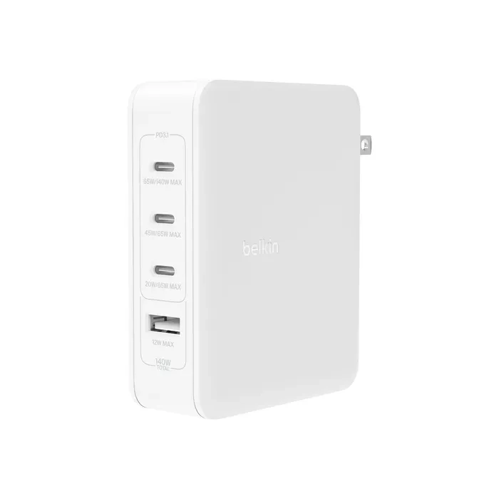 BELKİN 140W 4-PORTS USB GAN WALL CHARGER WITH UK,EU,US PLUG TIPS-WHITE